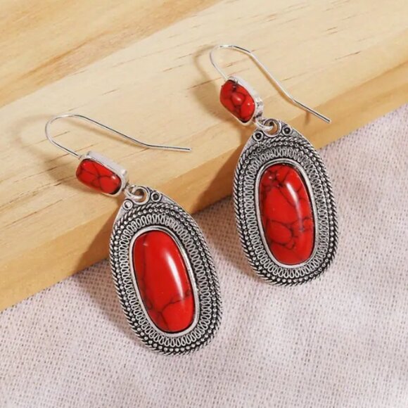 Exquisite Red Synthetic Gemstone Bohemian Vintage Drop Dangle Earrings - Picture 2 of 3
